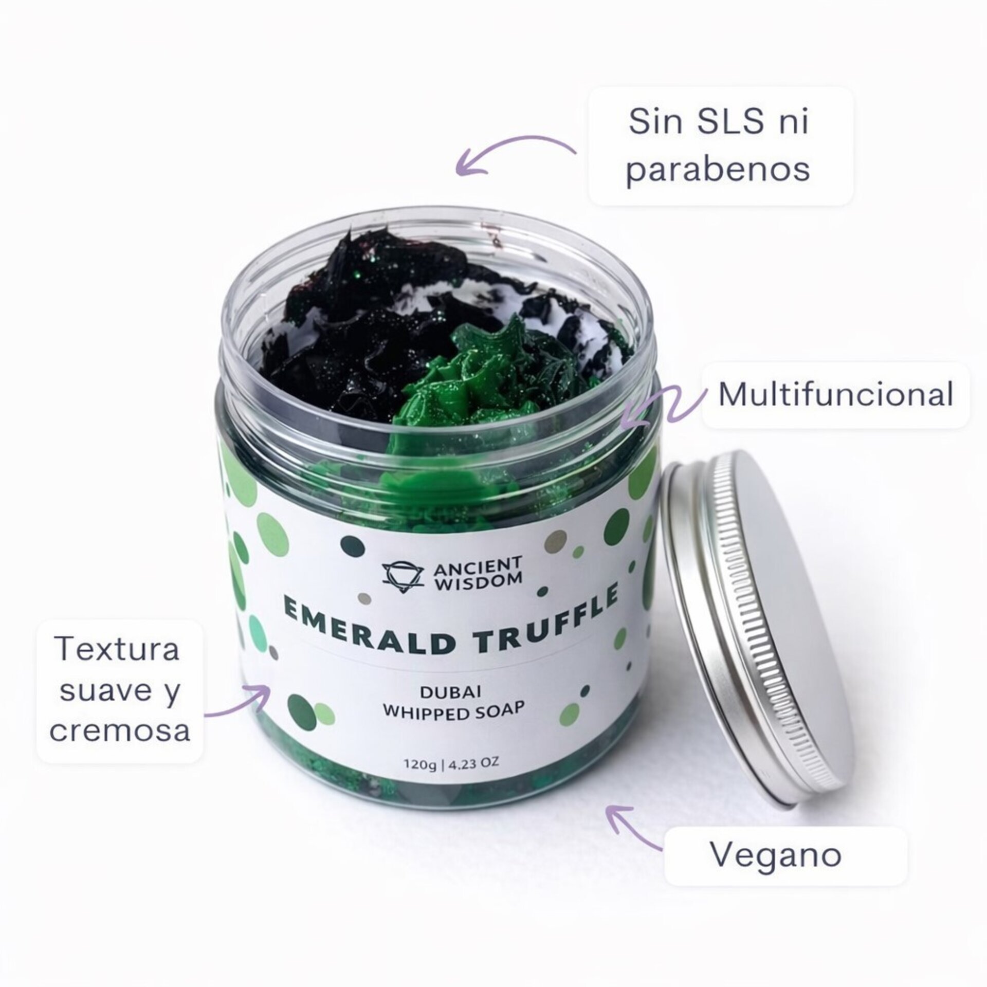 Jabón Cremoso de Dubái Vegano– Trufa Esmeralda 120 g | Ancient Wisdom - 3