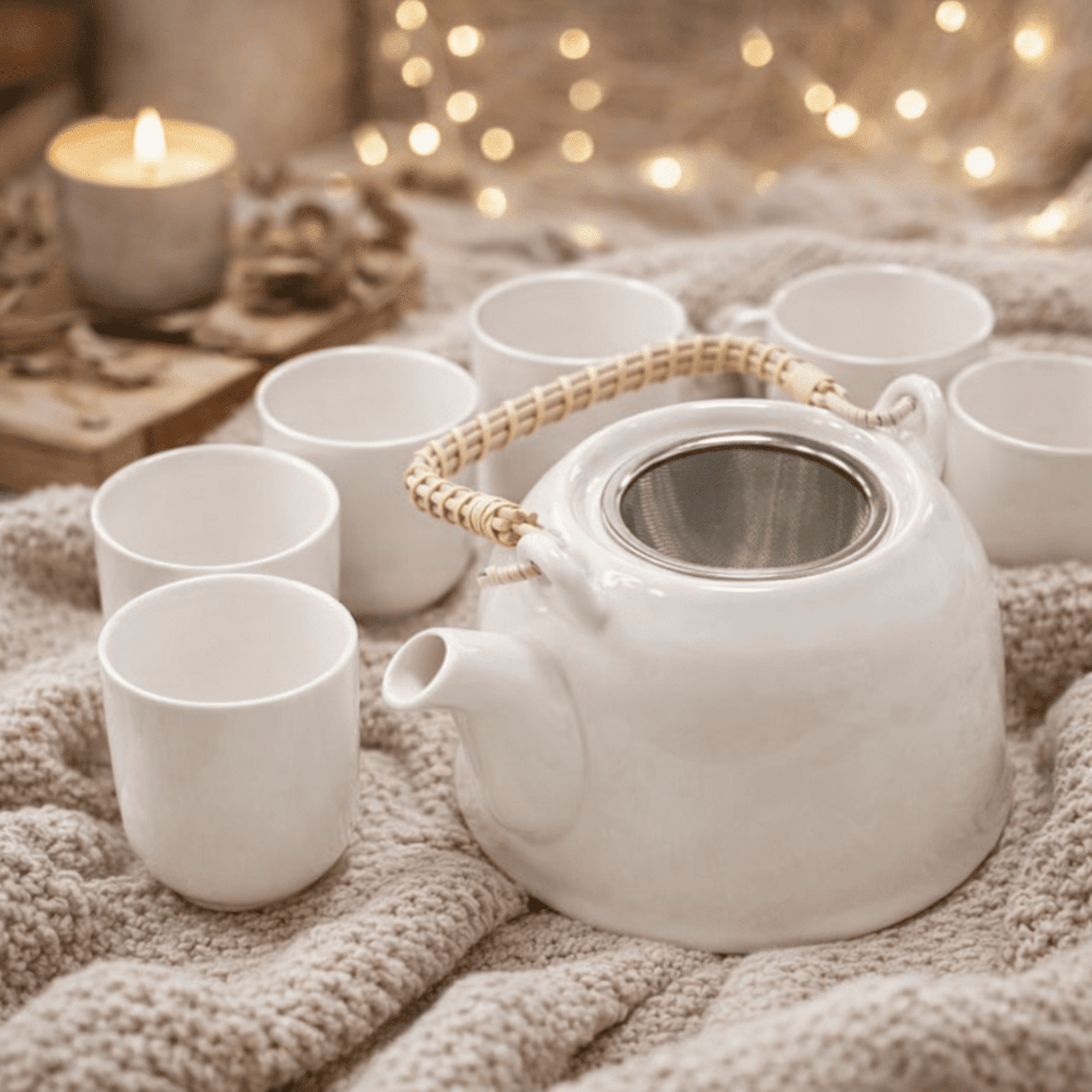 Set de tetera de cerámica blanca con filtro y 6 tazas - 3