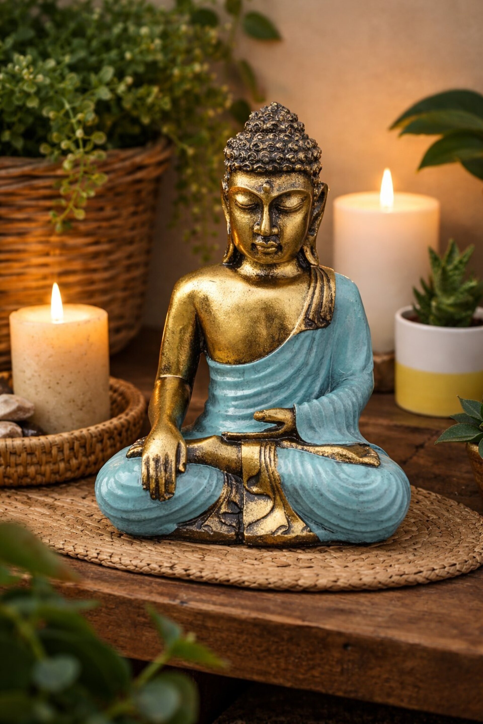 Buddha Decorativo Verde Azulado y Dorado Grande 22 cm - 2