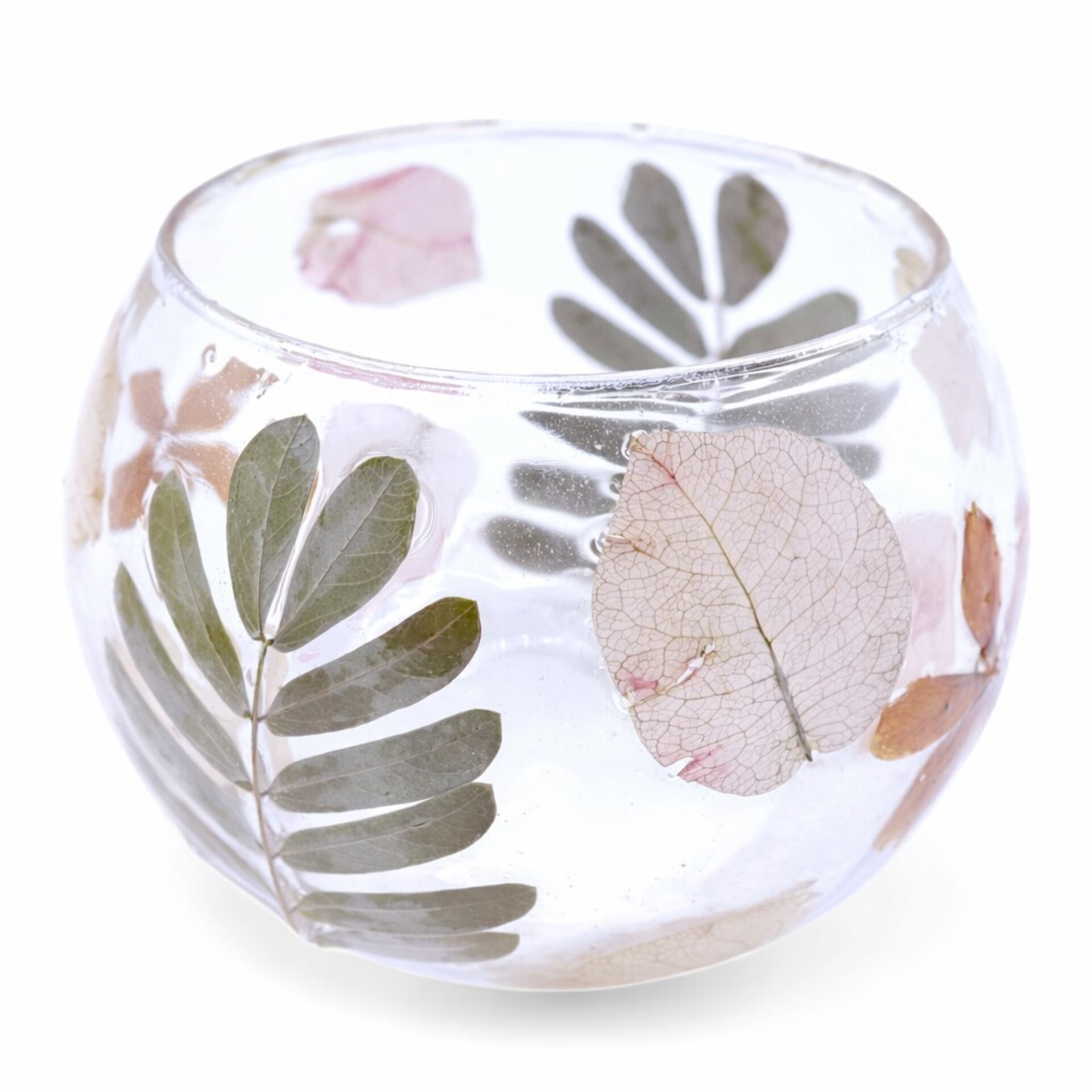 Portavelas de vidrio reciclado con flores naturales prensadas 8x10 cm - 1