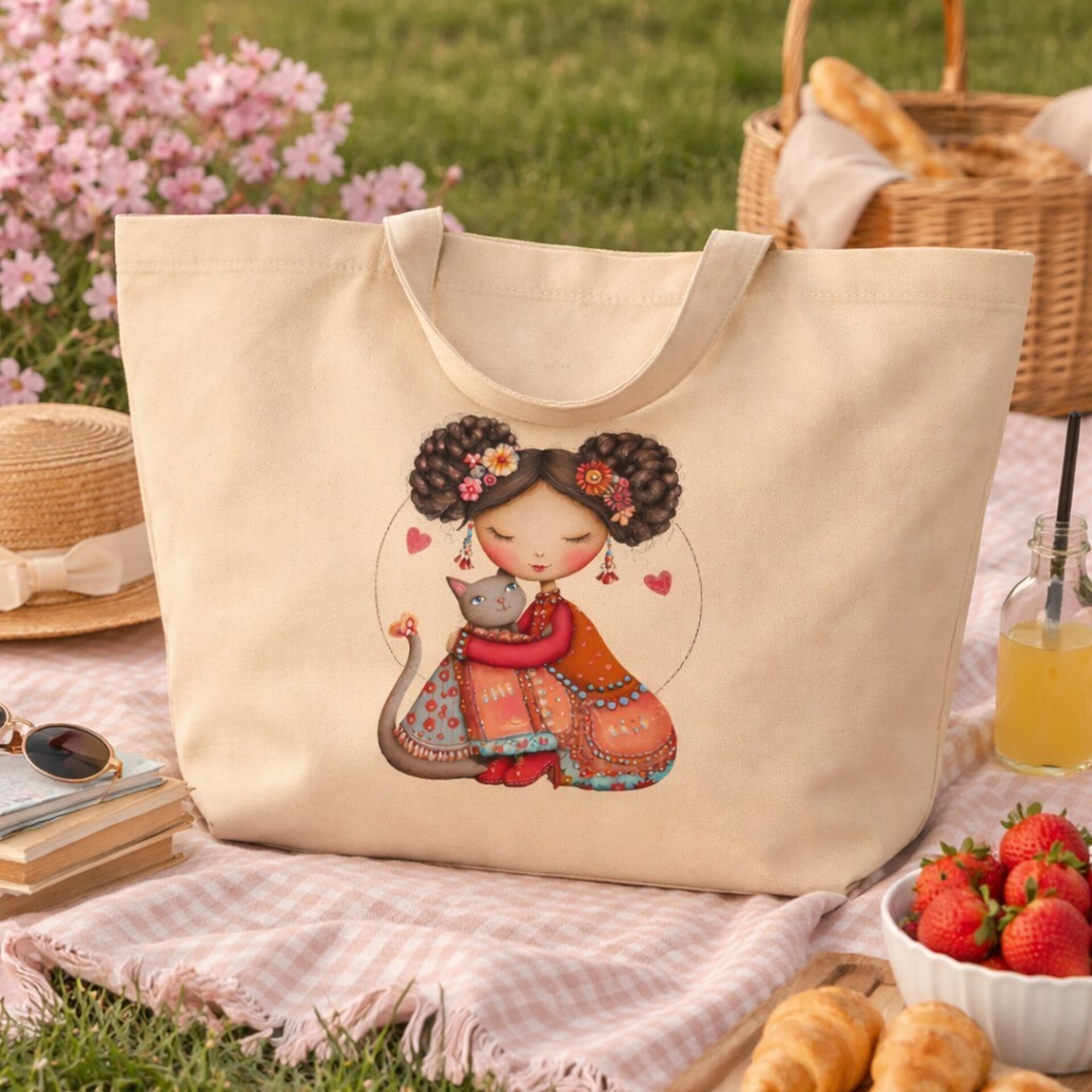 Tote Bag grande de algodón orgánico Sakura & Cat - 1