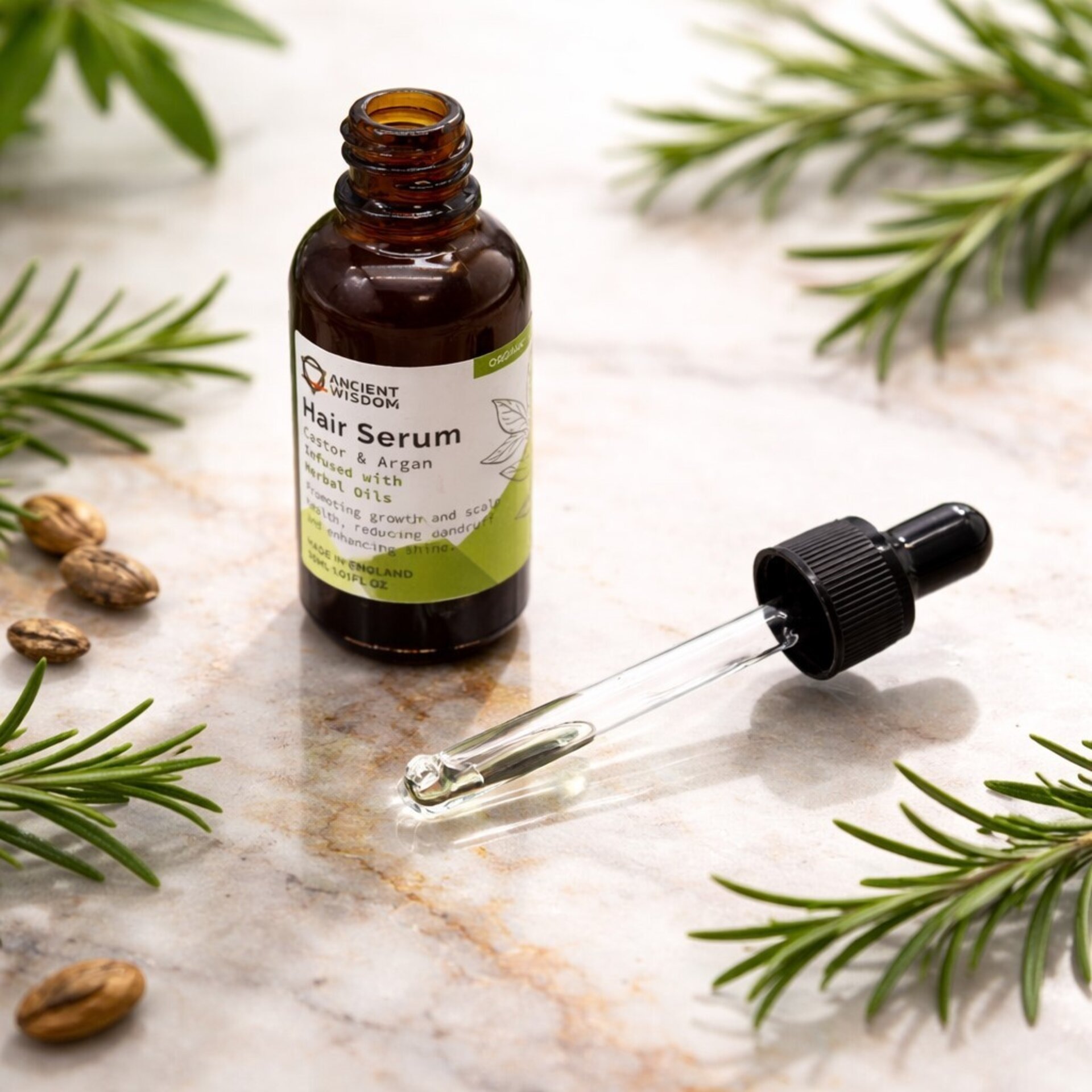 Sérum Capilar Orgánico de Ricino y Argán, Romero y Tomillo 30ml Ancient Wisdom - 1
