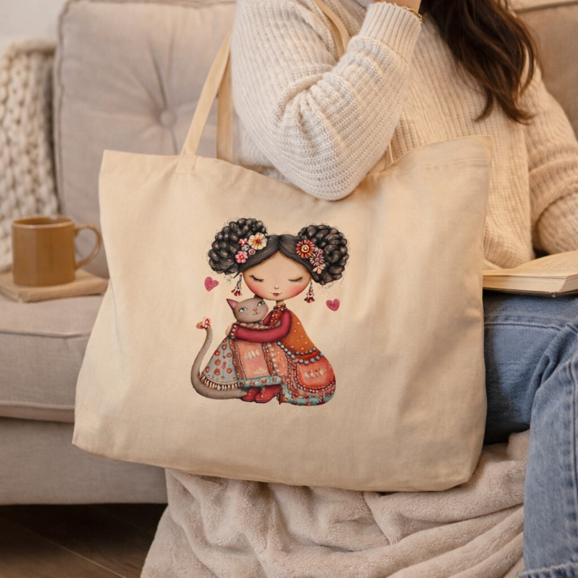 Tote Bag grande de algodón orgánico Sakura & Cat - 2